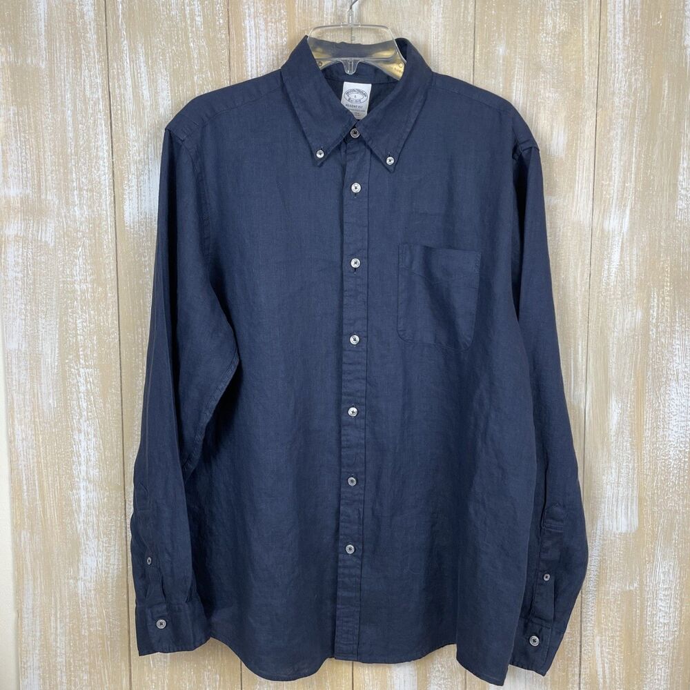 Brooks Brothers 1818 Regent Fit 100% Irish Linen Men's L Shirt Navy Long Sleeve